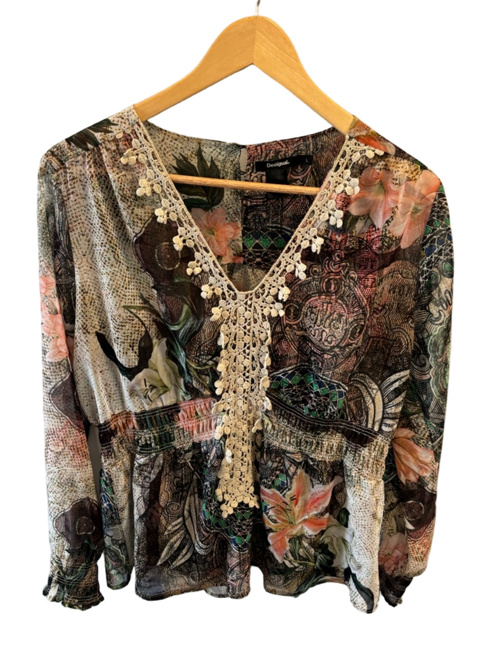 Desigual Floral Mandela Top L Crochet Detail Smocked Cuffs Back Buttons Boho